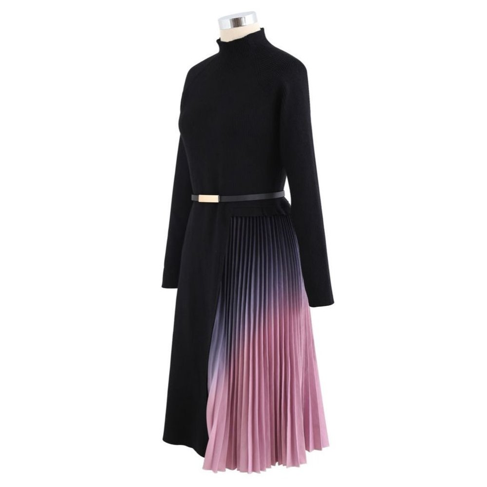 NWT GRADIENT PLEATED SPLICING BELTED KNIT DRESS IN BLACK - Picture 11 of 12